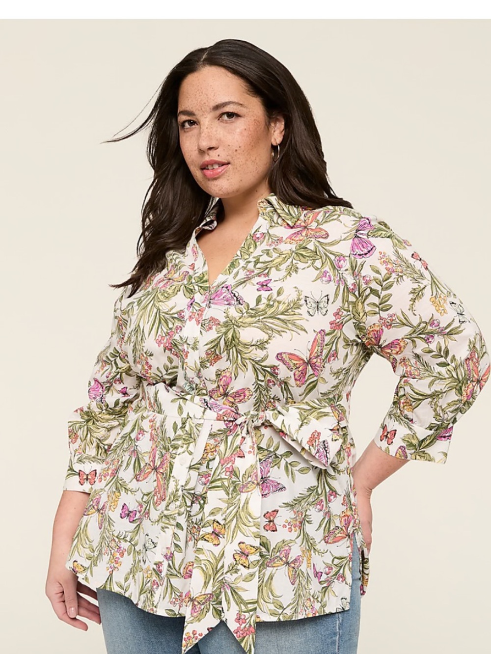 Lane Bryant White Floral & Butterfly Tie-Waist Button Down Tunic Shirt